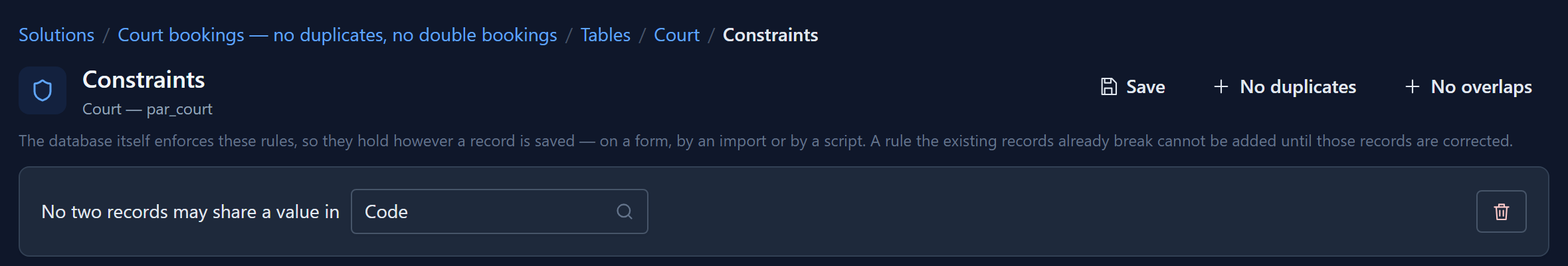Constraints on Court: No two records may share a value in Code