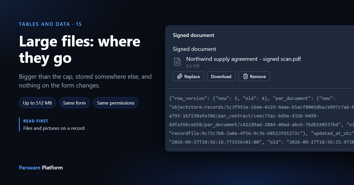 A Signed document field in dark mode holding an 8.6 MB signed scan, above an audit entry showing the field changing from a recordfile reference to an objectstore one, next to the title "Large files: where they go"
