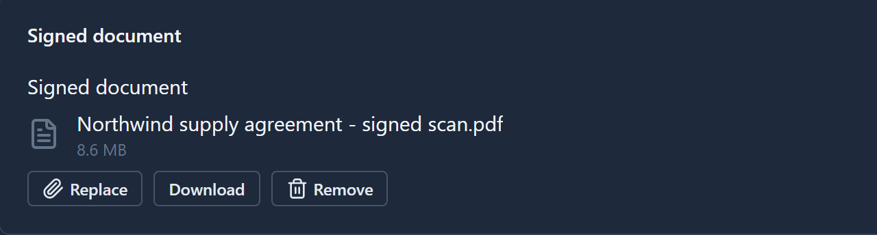 The Signed document field holding Northwind supply agreement - signed scan.pdf, 8.6 MB, with Replace, Download and Remove