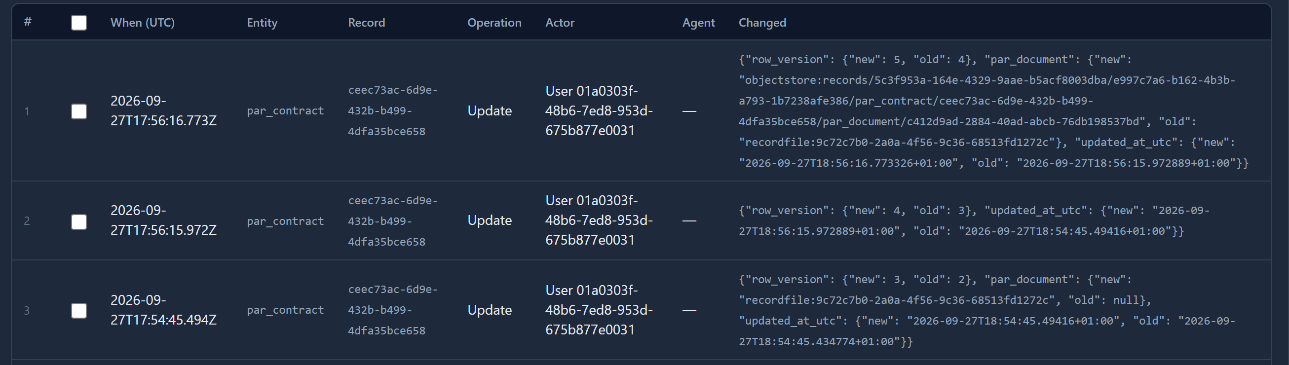 The audit log for par_contract: row 3 shows par_document changing from empty to recordfile:9c72c7b0…; row 1 shows par_document changing from recordfile:9c72c7b0… to objectstore:records/5c3f953a…/e997c7a6…/par_contract/ceec73ac…/par_document/c412d9ad…
