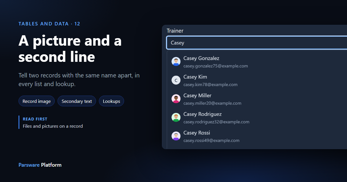 A Trainer lookup in dark mode searching Casey, listing contacts each with a picture and an email address under the name, including two called Casey Rossi, next to the title "A picture and a second line beside every record"