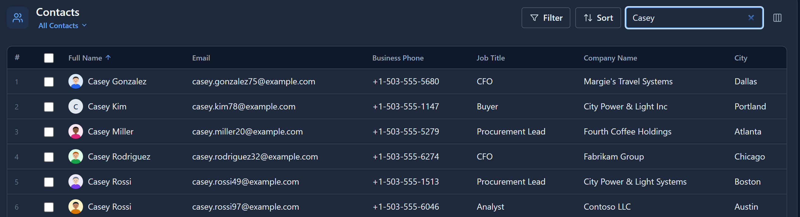The Contacts list searched for Casey: six contacts, each with a picture beside the name except Casey Kim, who shows the letter C, and two rows called Casey Rossi with different emails, jobs and cities