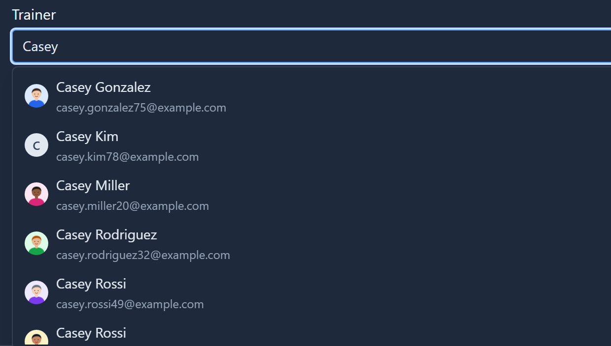 A course form's Trainer field searching Casey, listing Casey Gonzalez, Casey Kim, Casey Miller, Casey Rodriguez and two Casey Rossis, each with a picture and an email address on a second line
