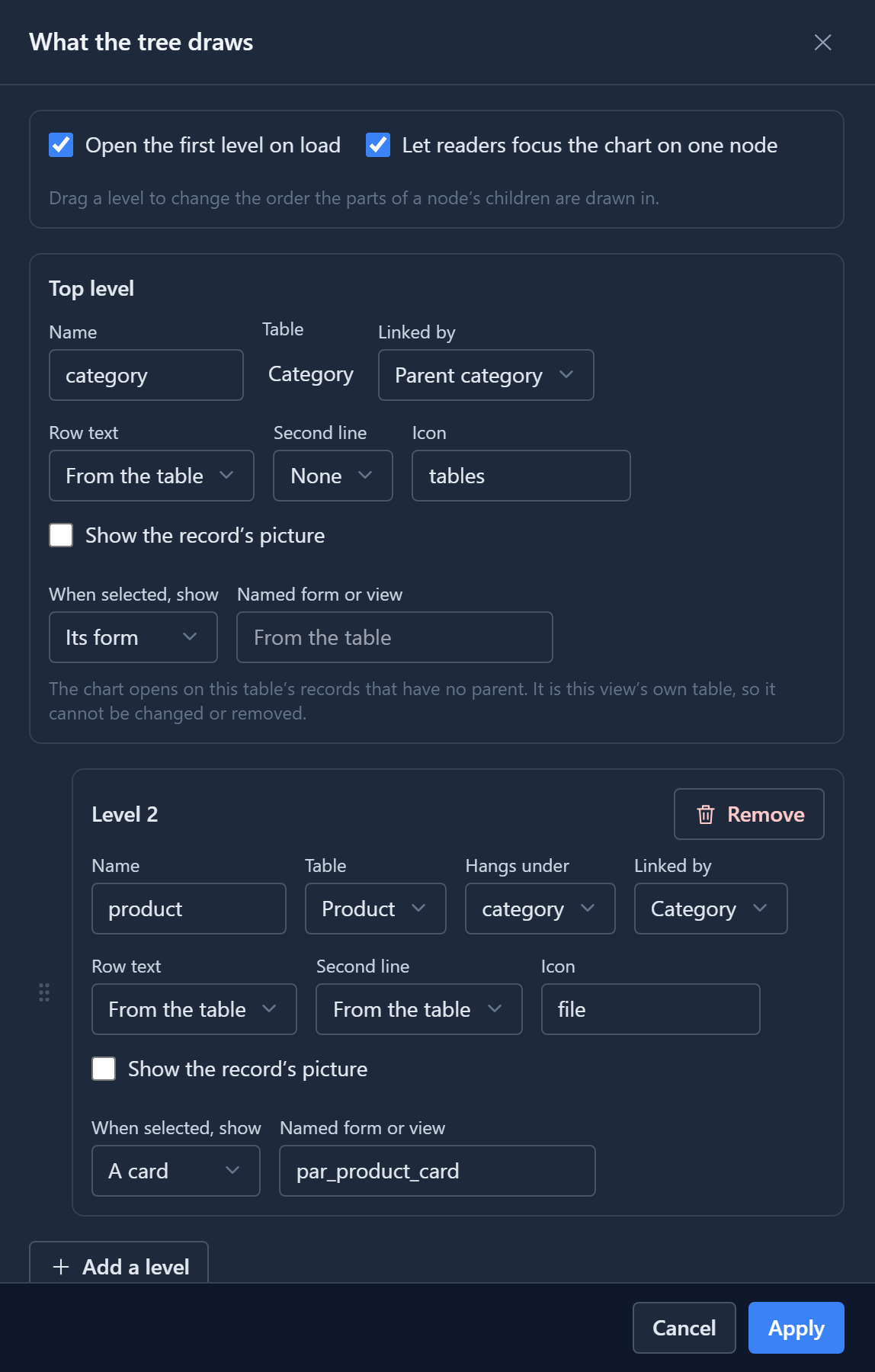 The What the tree draws panel: Open the first level on load and Let readers focus the chart on one node both ticked; Top level Category linked by Parent category, second line None, when selected show its form; Level 2 Product, hanging under category, linked by Category, when selected show a card