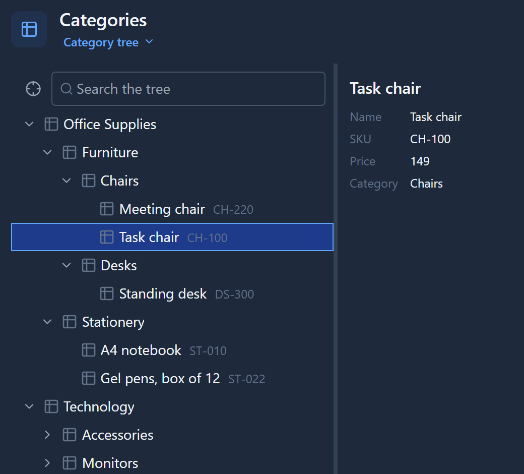 Task chair selected in the tree, with a card beside it: Name Task chair, SKU CH-100, Price 149, Category Chairs