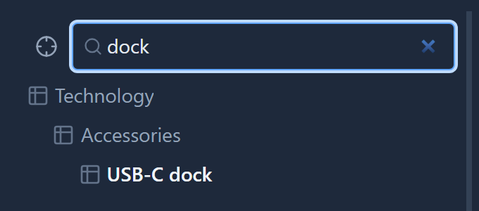 The tree searched for dock: Technology, then Accessories, then USB-C dock