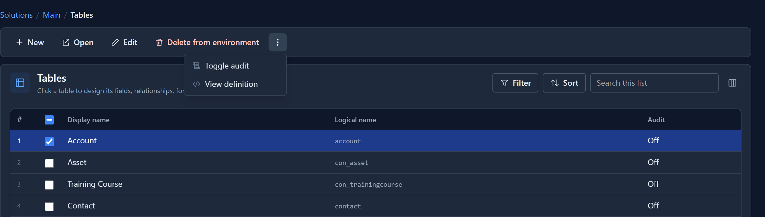 The Tables list with Account selected and the more-actions menu open, offering Toggle audit and View definition; the Audit column reads Off for Account and On for Capital request and Contract