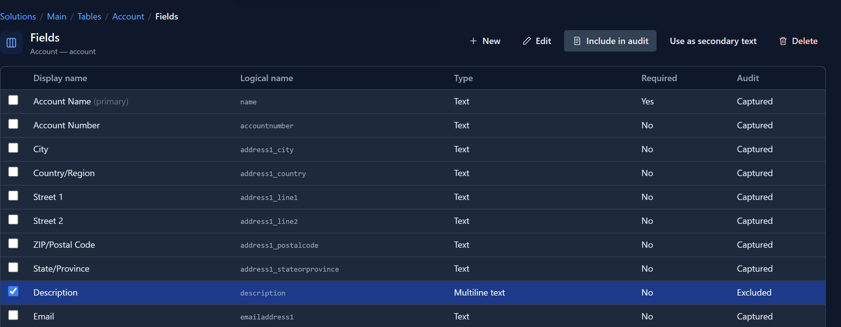 The Fields list for Account, with Description selected and marked Excluded in the Audit column, every other field Captured, and Include in audit in the command bar