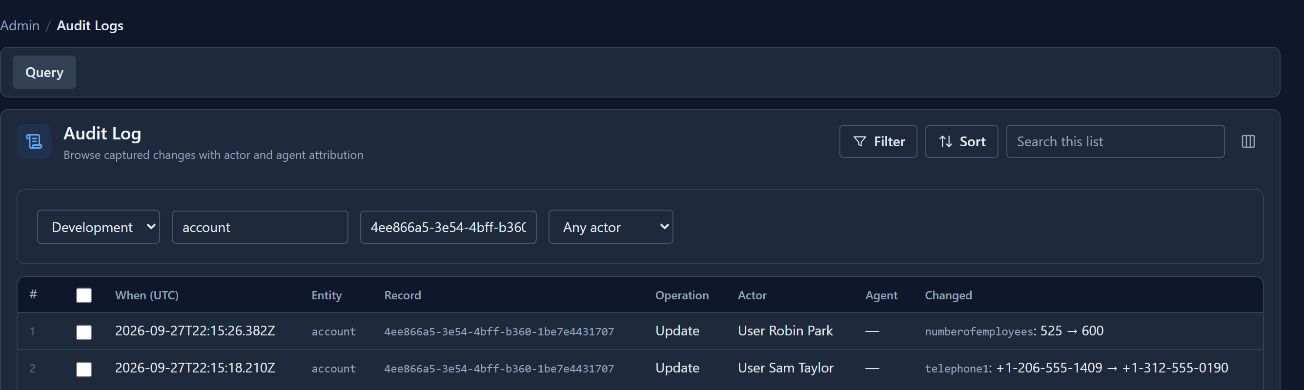 The Audit Log filtered to account and one record id: two updates, the newer by User Robin Park changing numberofemployees from 525 to 600, the older by User Sam Taylor changing telephone1 from +1-206-555-1409 to +1-312-555-0190