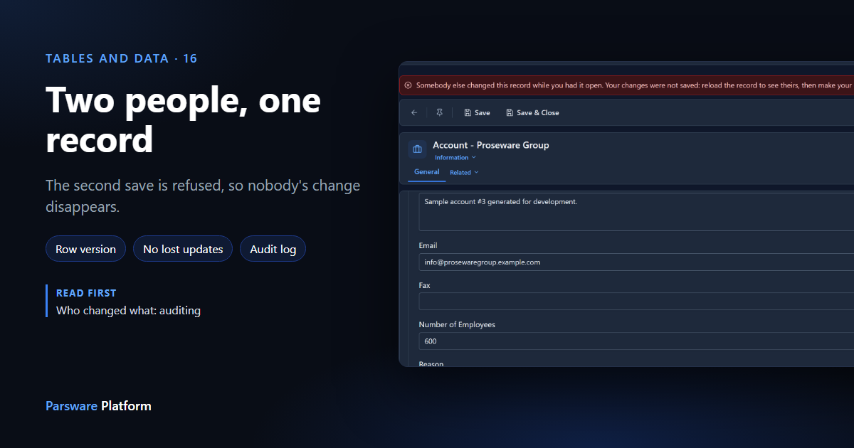 An account form in dark mode with a red message above it: Somebody else changed this record while you had it open. Your changes were not saved. Next to it, the title "Two people, one record"