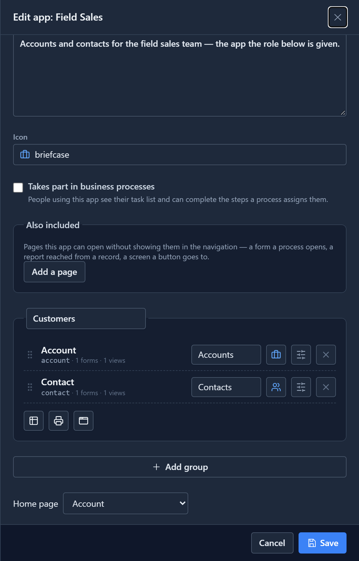 The Edit app drawer for Field Sales: a Customers group holding Account (labelled Accounts) and Contact (labelled Contacts), with Add group below and Home page set to Account