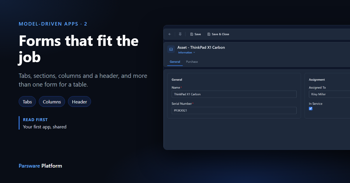 An asset record in dark mode with General and Assignment sections side by side and Owner and State in the header, next to the title "Forms that fit the job"