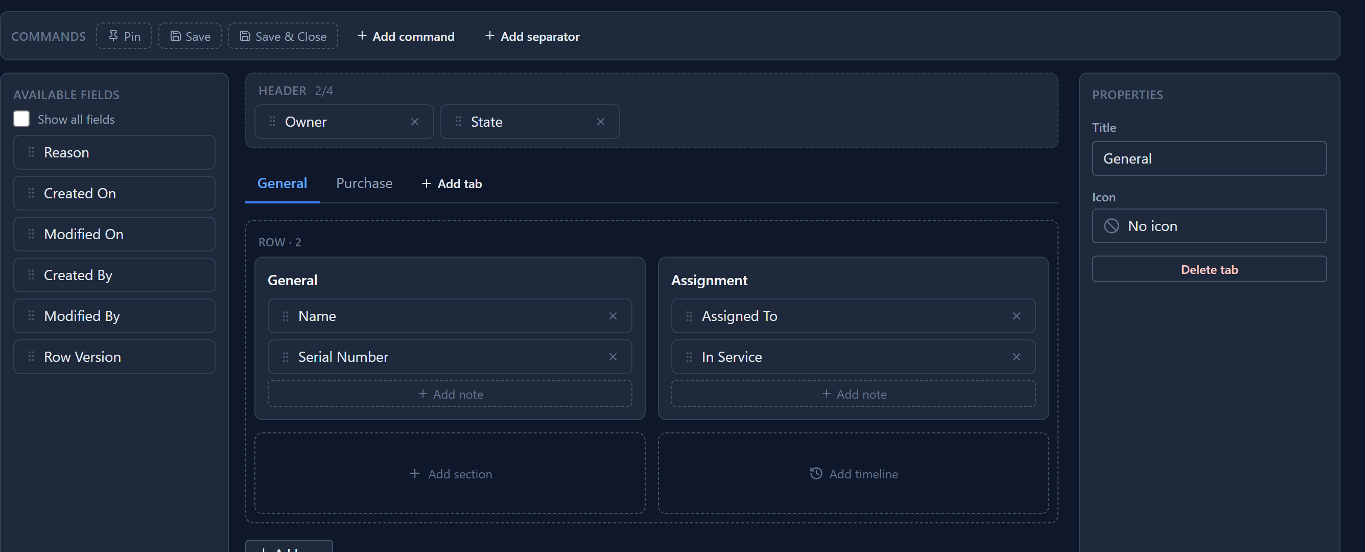 The Form Designer for the Asset Information form: Owner and State in the header, General and Purchase tabs, and a two-column row holding a General section (Name, Serial Number) and an Assignment section (Assigned To, In Service)