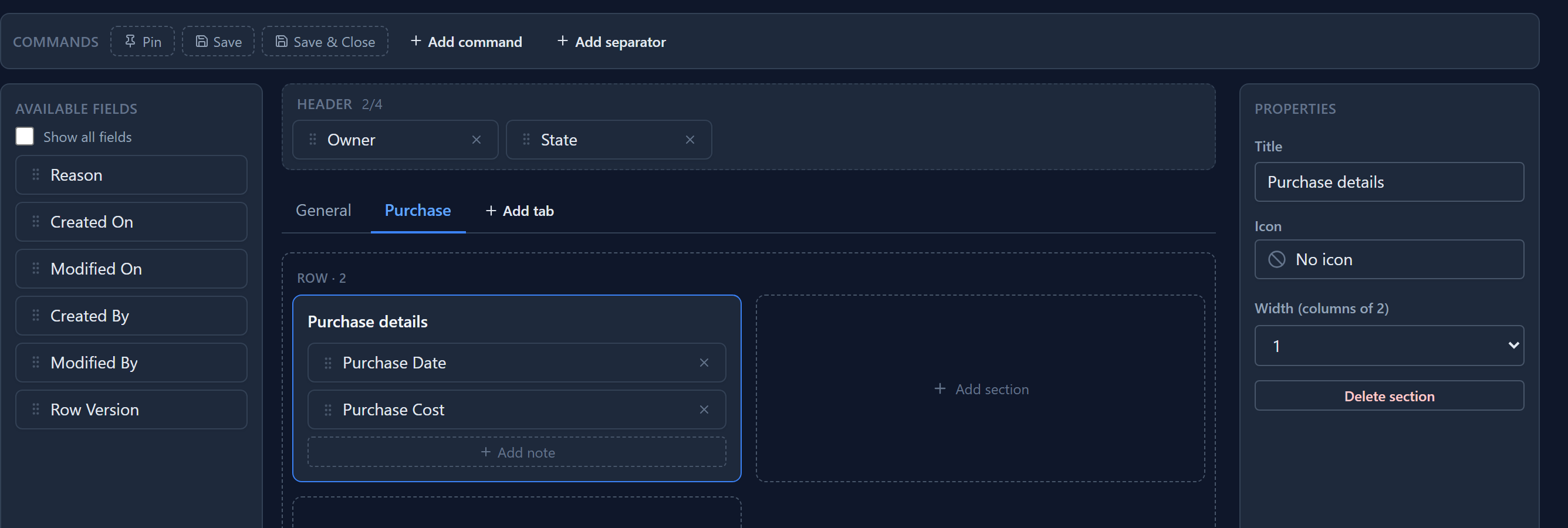 The Purchase tab in the designer: a Purchase details section holding Purchase Date and Purchase Cost, with its properties (Title, Icon, Width) on the right