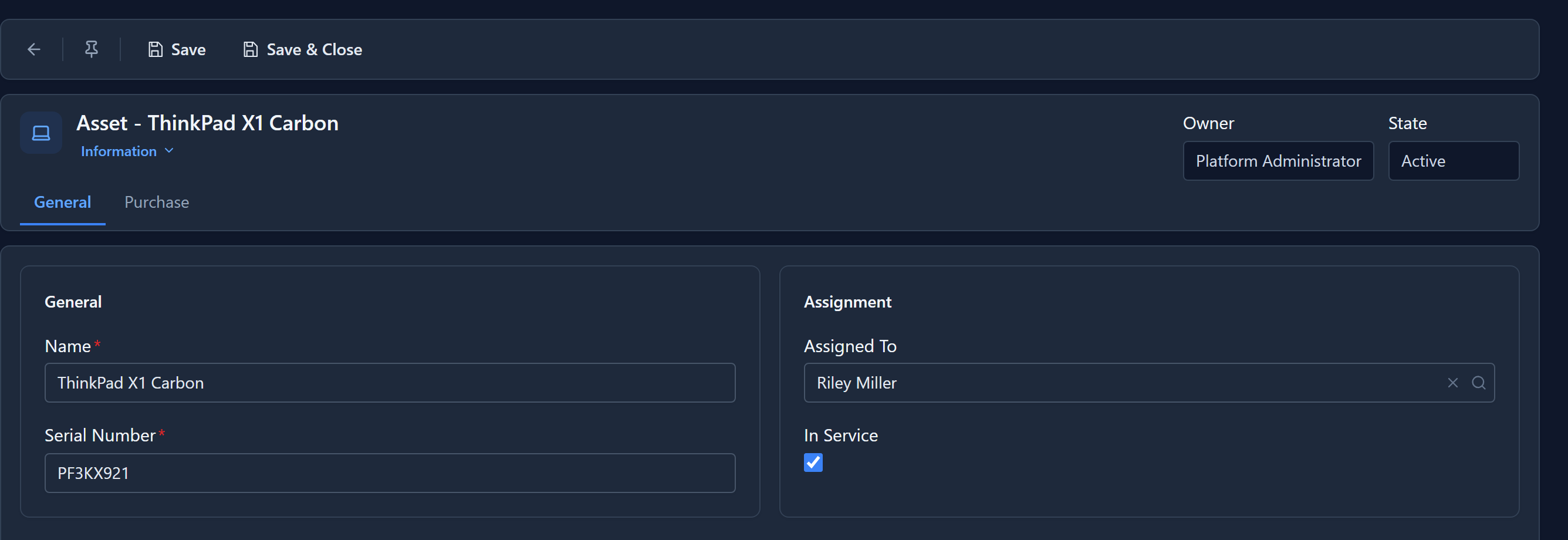 The ThinkPad X1 Carbon asset in the Asset Tracker app: Owner Platform Administrator and State Active in the header, General and Purchase tabs, and General and Assignment sections side by side
