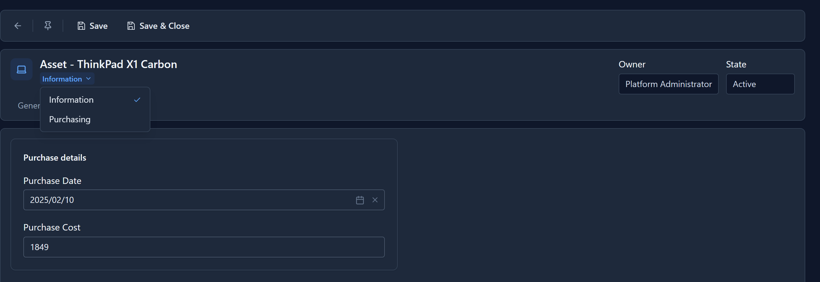 The form switcher open under the record's title, offering Information (ticked) and Purchasing
