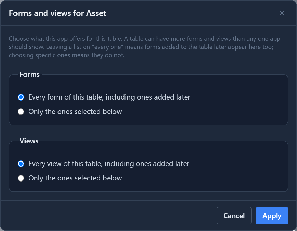 The Forms and views for Asset dialog: Forms set to Every form of this table, including ones added later, with Only the ones selected below as the alternative, and the same choice for Views