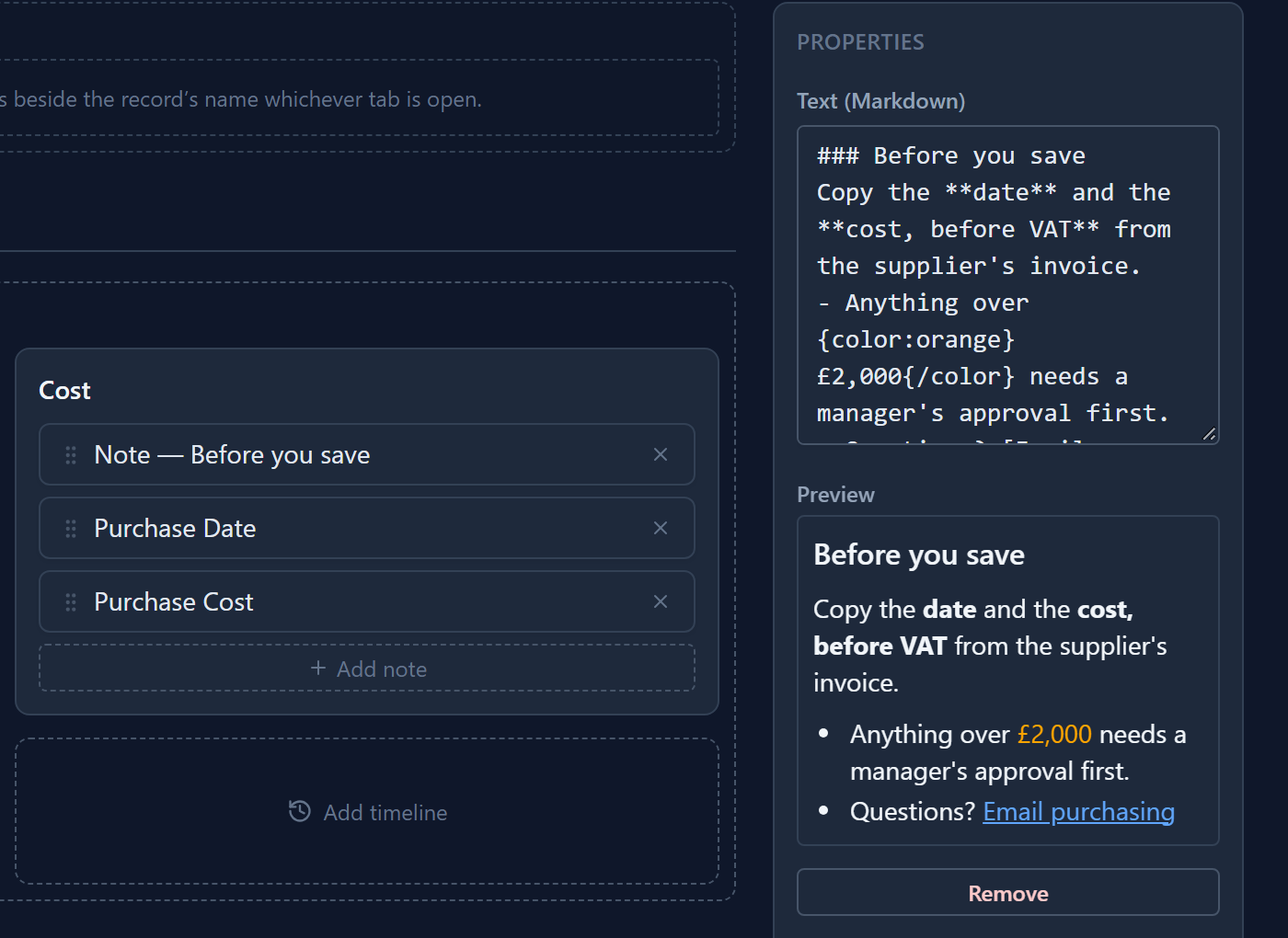 The Form Designer with a note selected in the Cost section, above Purchase Date and Purchase Cost; on the right its Markdown text and a Preview with the heading Before you save, bold words, an orange £2,000 and an Email purchasing link