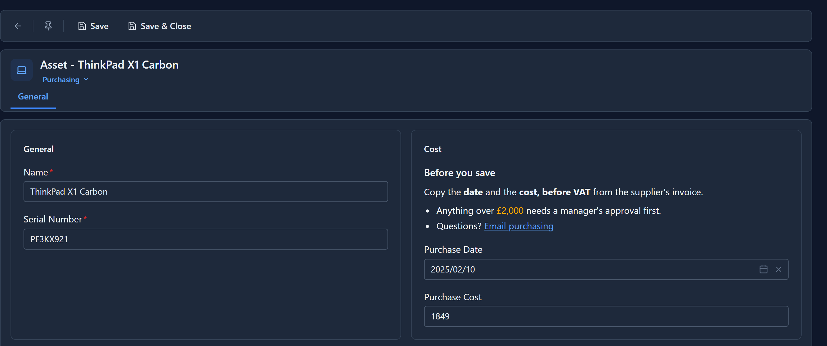 The Purchasing form on the ThinkPad X1 Carbon record: the Cost section opens with the note Before you save, then Purchase Date and Purchase Cost