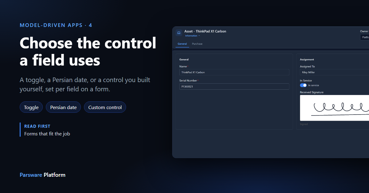 An asset record in dark mode with an In Service switch and a hand-drawn signature in a Received Signature box, next to the title "Choose the control a field uses"