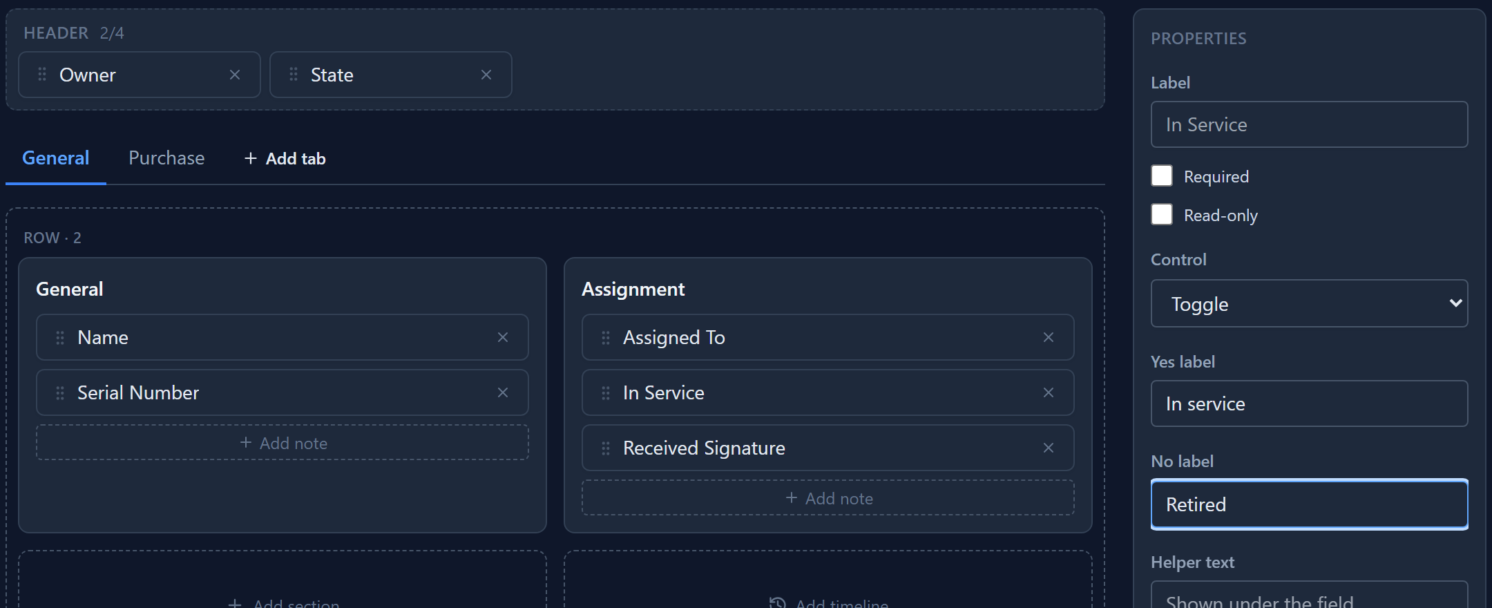 The Form Designer with In Service selected in the Assignment section: Control set to Toggle, Yes label "In service", No label "Retired"