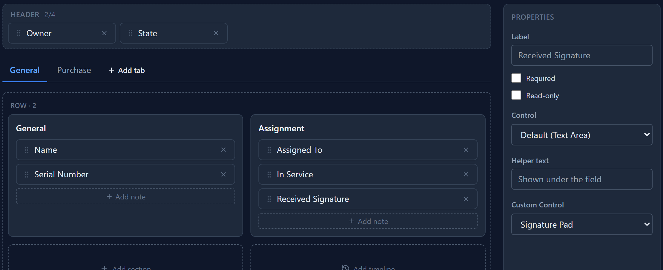 Received Signature selected in the Form Designer: Control Default (Text Area), and Custom Control set to Signature Pad