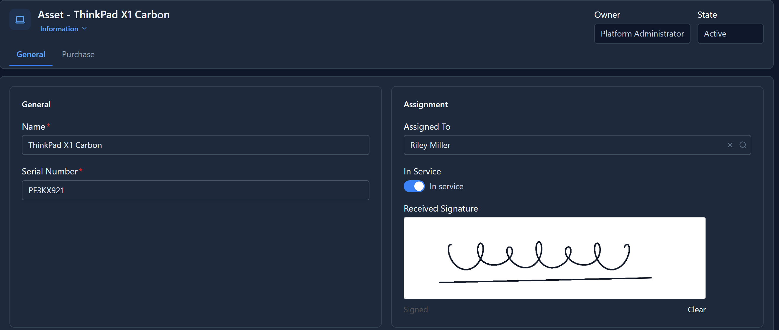 The ThinkPad X1 Carbon record: Assigned To Riley Miller, the In Service switch on with the words In service, and a signature drawn in the Received Signature box, marked Signed