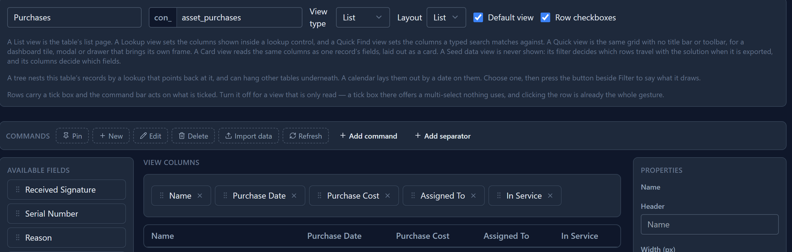 The View Designer for Purchases: Default view ticked, and View columns holding Name, Purchase Date, Purchase Cost, Assigned To and In Service
