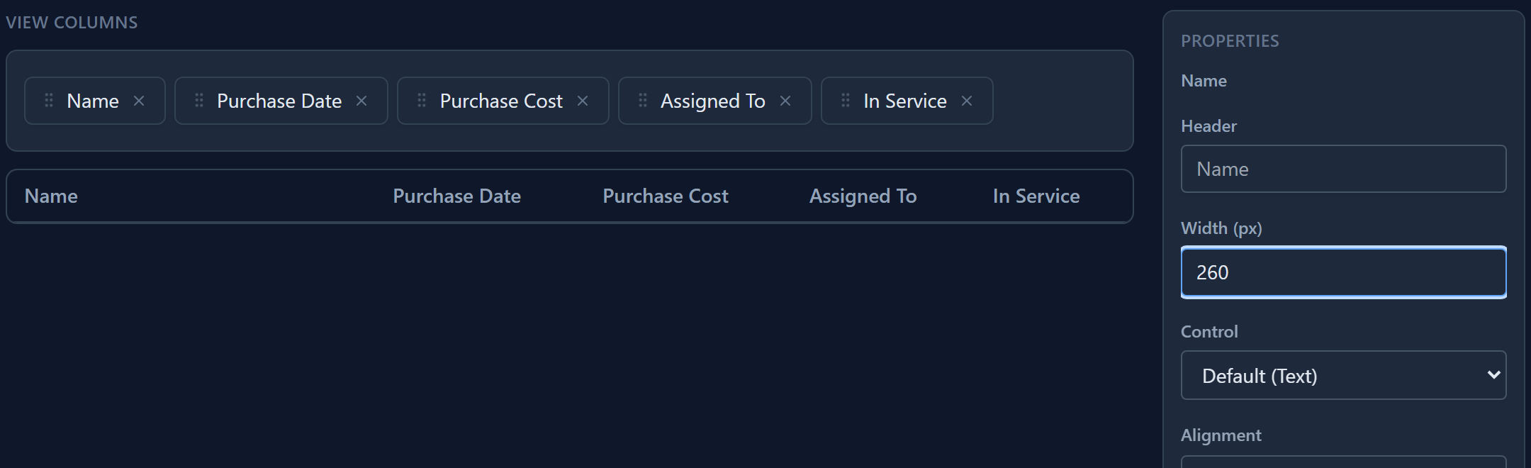 Name selected on the View columns row, with Width (px) set to 260 in the Properties panel