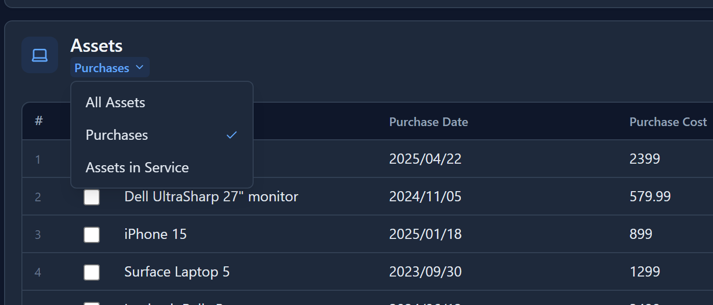 The view switcher open under Assets, offering All Assets, Purchases (ticked) and Assets in Service