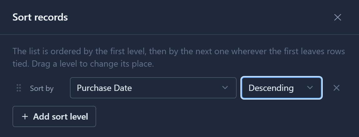 The Sort records panel with one level: Sort by Purchase Date, Descending, and an Add sort level button