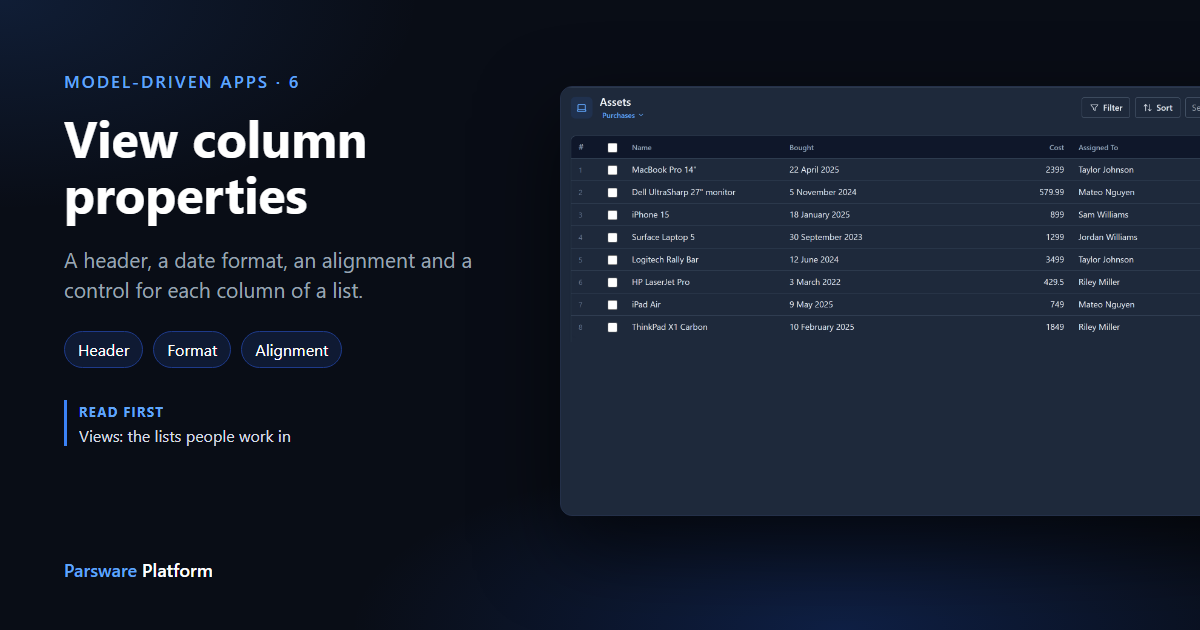 The Assets list in dark mode with a Bought column of dates written in full, right-aligned costs and a column of switches, next to the title "View column properties"