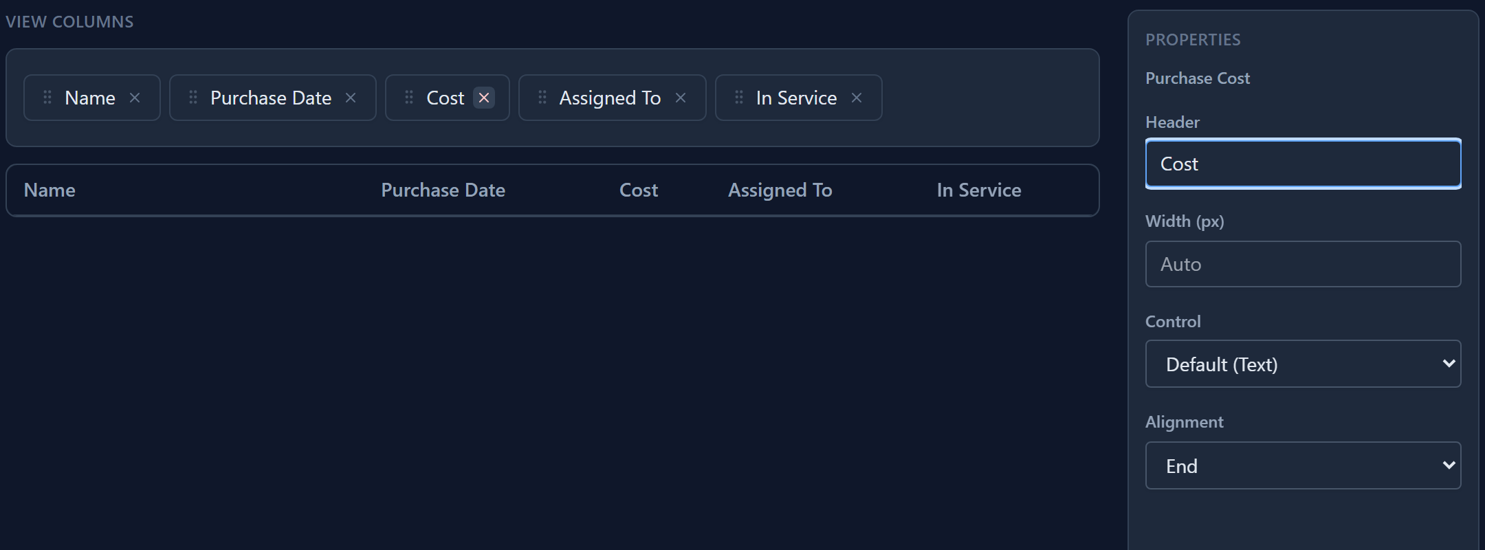 Purchase Cost selected in the View Designer: Header set to Cost and Alignment set to End