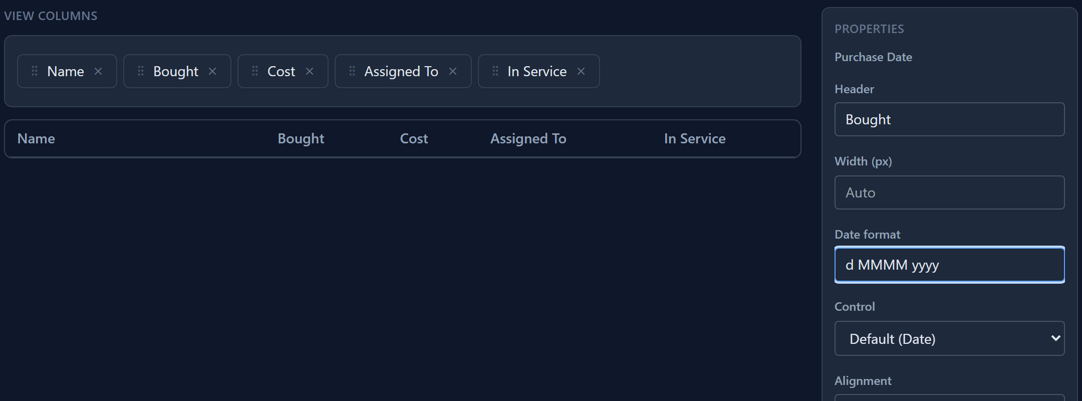 Purchase Date selected: Header Bought, Date format d MMMM yyyy, Control Default (Date)