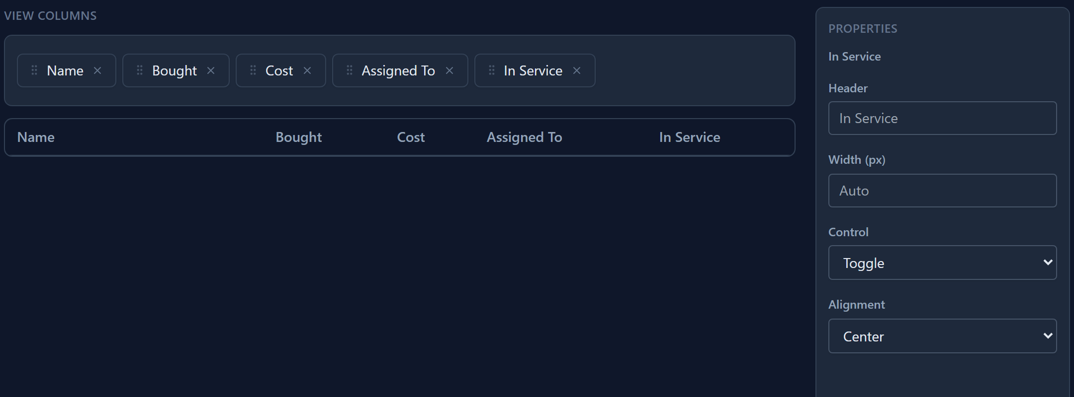 In Service selected: Control set to Toggle and Alignment set to Center