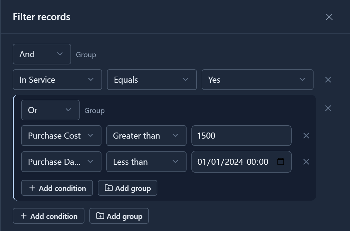 The Filter records panel: an And group with In Service equals Yes, and inside it an Or group with Purchase Cost greater than 1500 and Purchase Date less than 01/01/2024