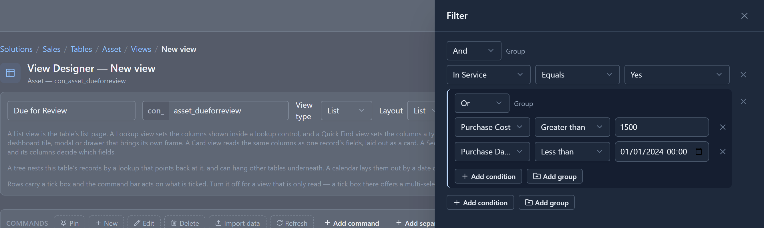 The View Designer for the new Due for Review view, with its Filter panel open showing the same And group and nested Or group