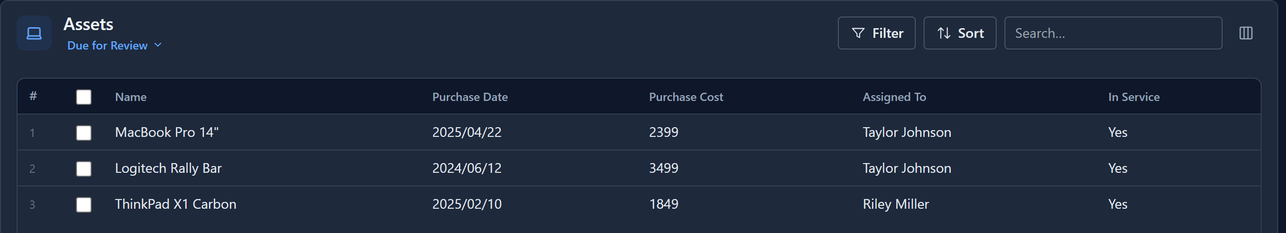 The Assets list on the Due for Review view, showing the same three assets