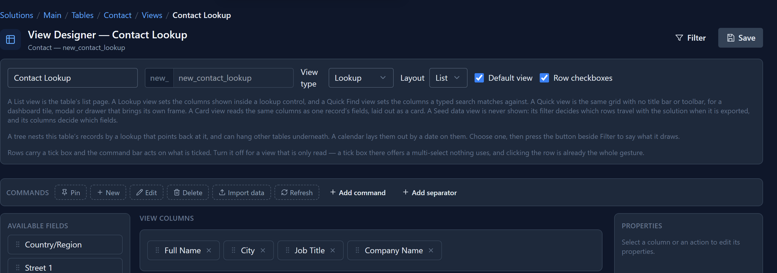 The View Designer for Contact Lookup: View type Lookup, Default view ticked, and the columns Full Name, Job Title, City and Company Name
