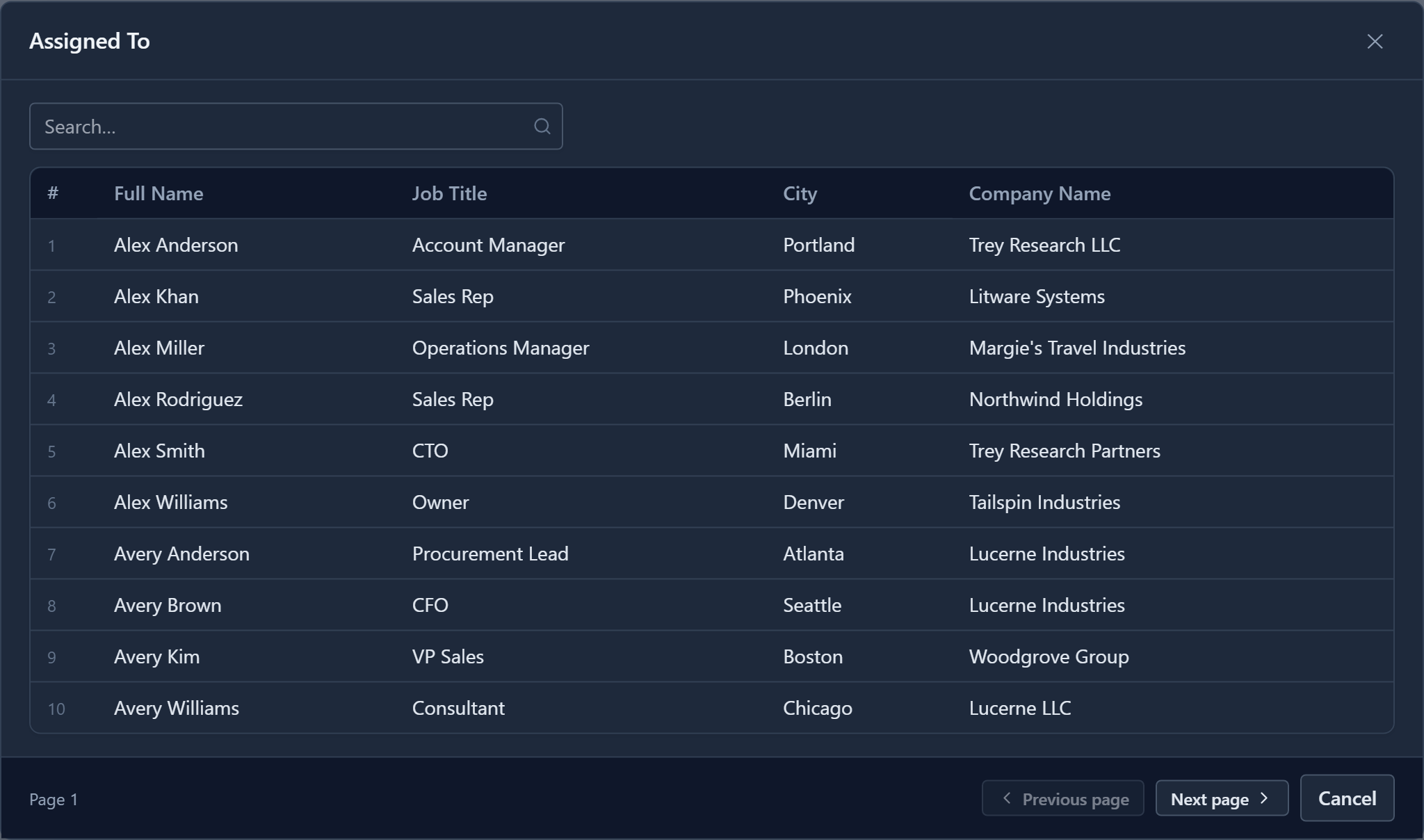 The Advanced lookup dialog titled Assigned To: a grid with Full Name, Job Title, City and Company Name, listing Alex Anderson, Account Manager, Portland, Trey Research LLC and more
