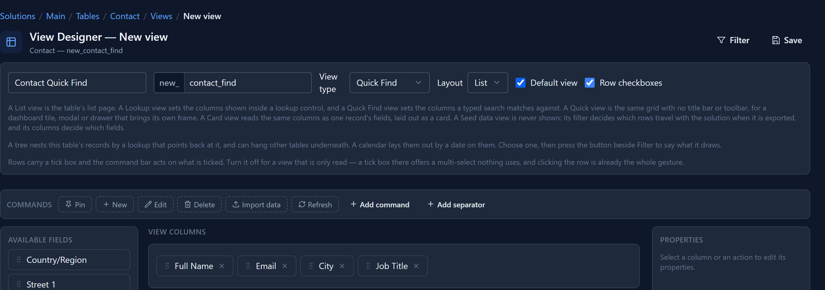 The View Designer for Contact Quick Find: View type Quick Find, Default view ticked, and the columns Full Name, Email, City and Job Title