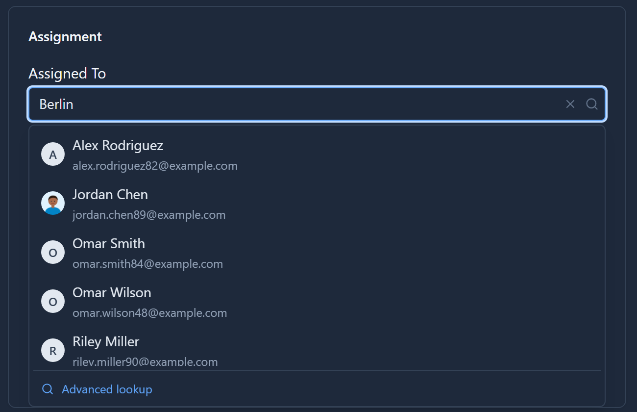 The Assigned To lookup with "Berlin" typed, now listing Alex Rodriguez, Jordan Chen, Omar Smith, Omar Wilson and Riley Miller