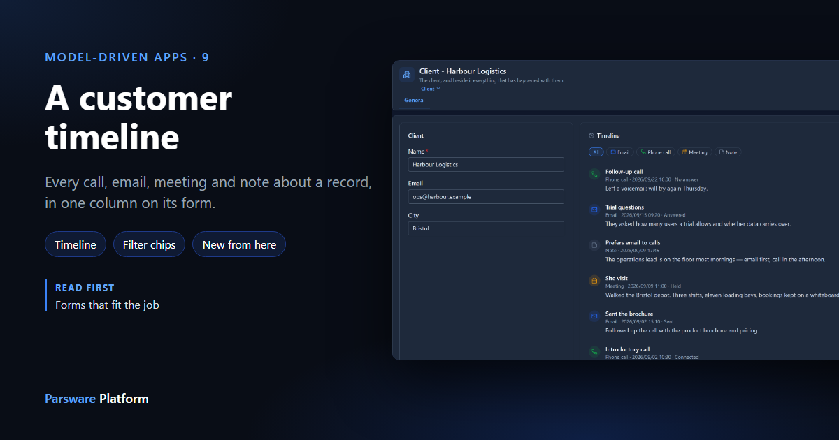 A client record in dark mode with its details on the left and a timeline of calls, emails, a note and a meeting on the right, next to the title "A customer timeline"