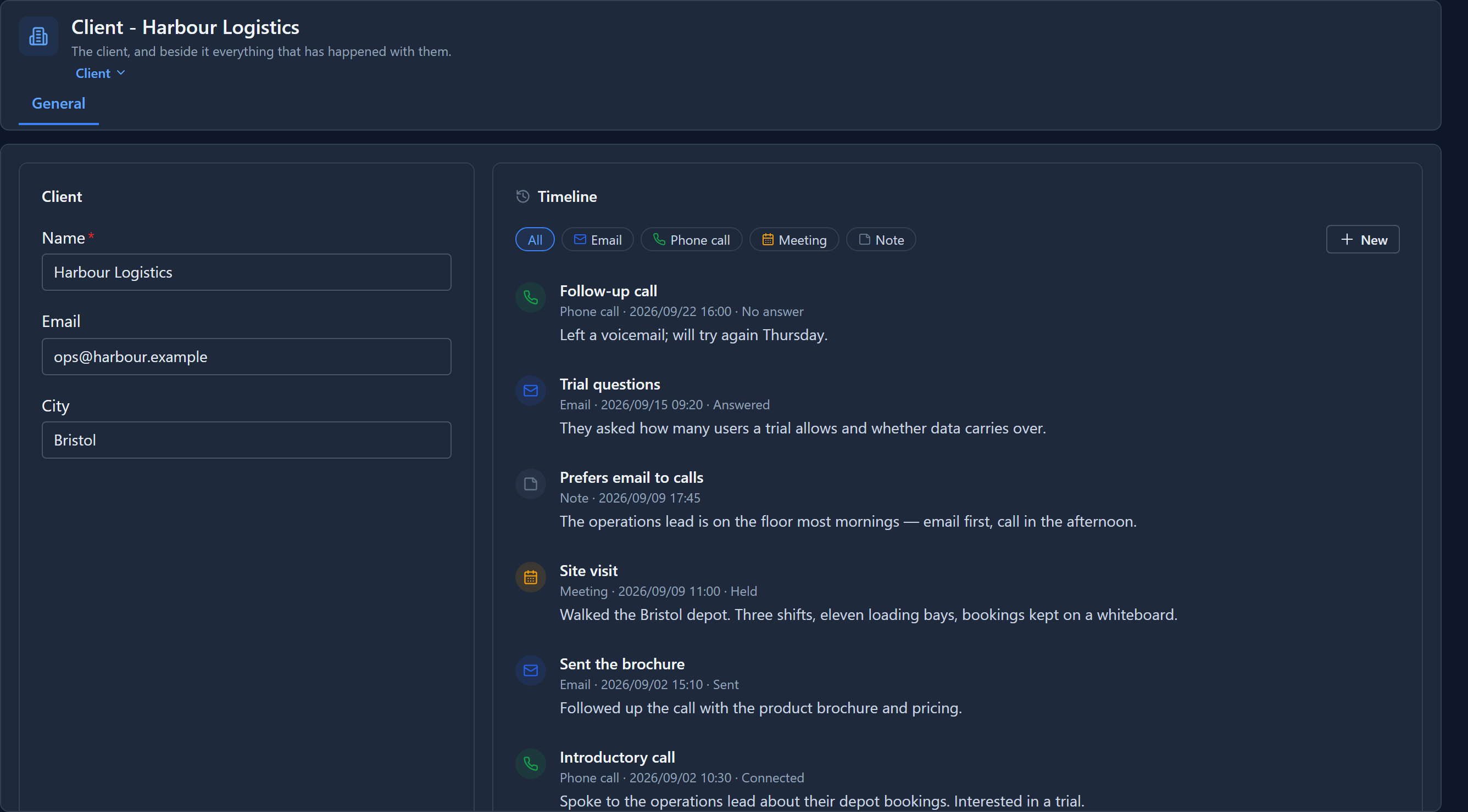 The Harbour Logistics client form: Name, Email and City on the left, and on the right a Timeline with Follow-up call, Trial questions, Prefers email to calls, Site visit, Sent the brochure and Introductory call