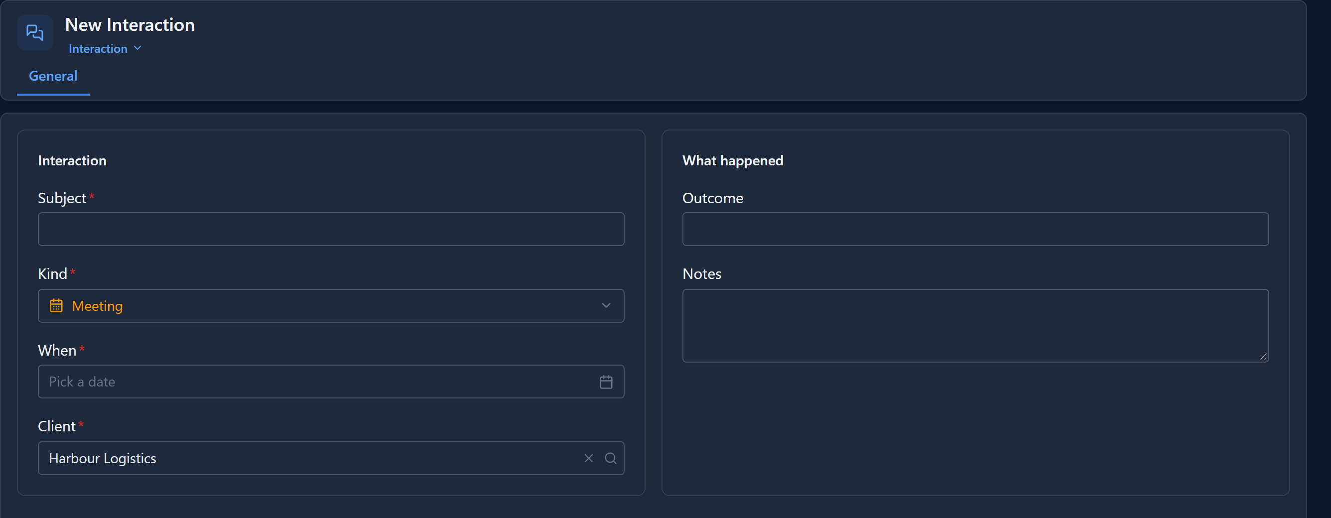 A New Interaction form with Kind set to Meeting and Client set to Harbour Logistics, and Subject and When still empty