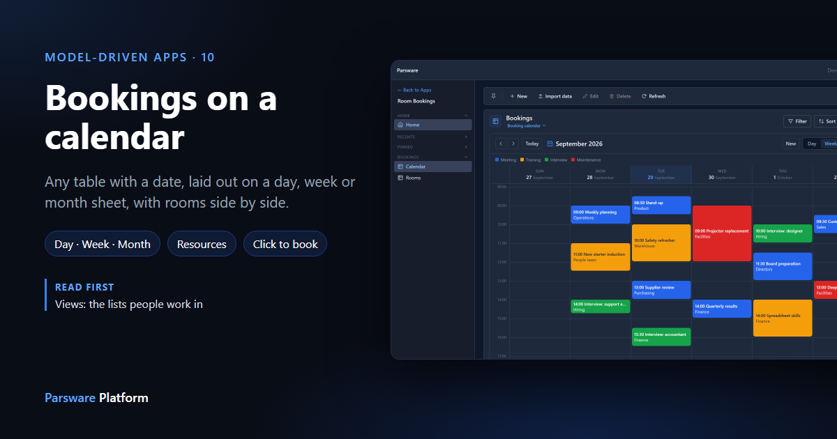 A week of room bookings in dark mode, coloured blocks for meetings, training, interviews and maintenance, next to the title "Bookings on a calendar"