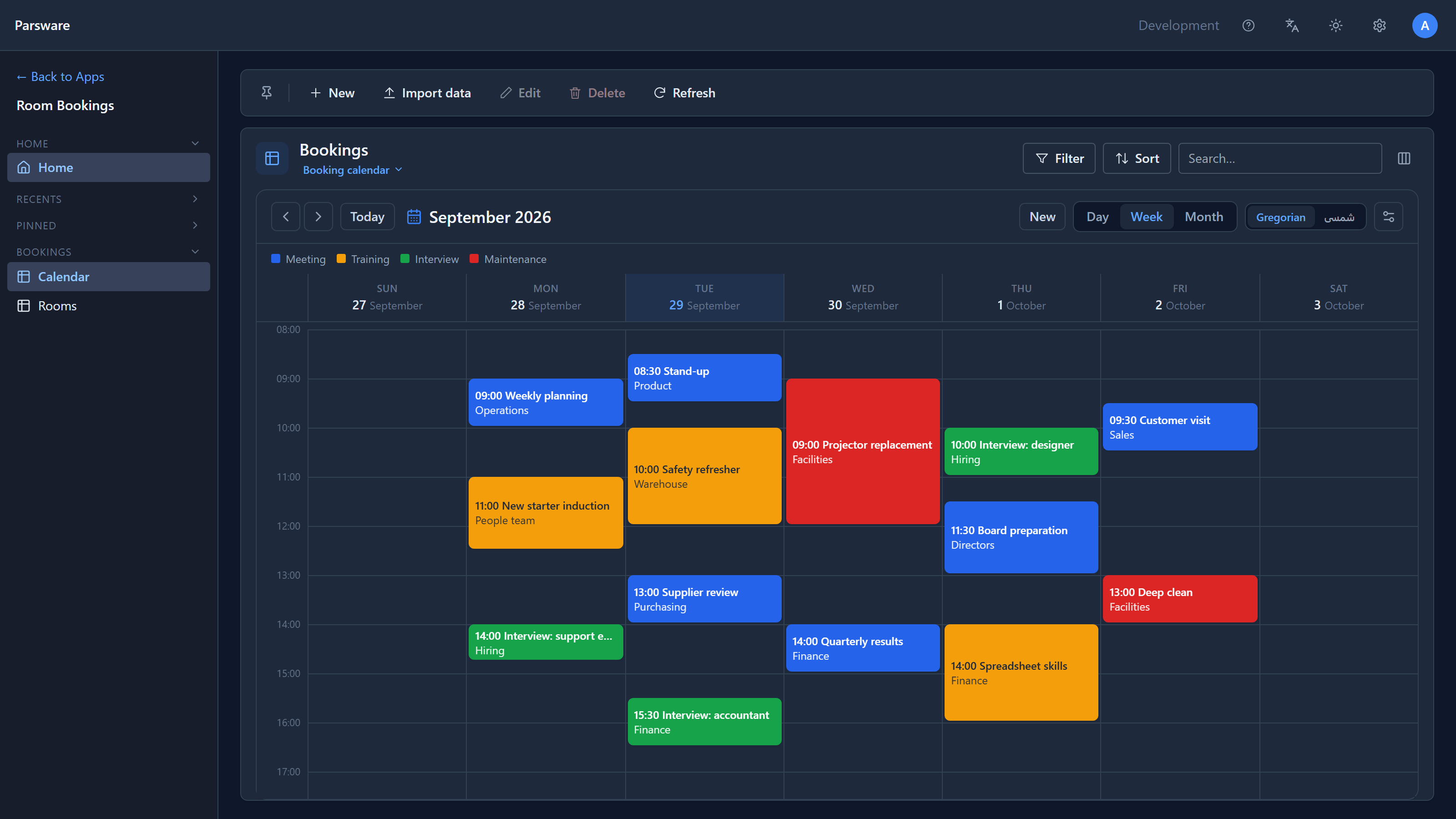 The Room Bookings app on a week sheet: Sunday 27 September to Saturday 3 October, with blocks such as 09:00 Weekly planning, 10:00 Safety refresher, 09:00 Projector replacement and 14:00 Spreadsheet skills, coloured by kind, and a legend of Meeting, Training, Interview and Maintenance above