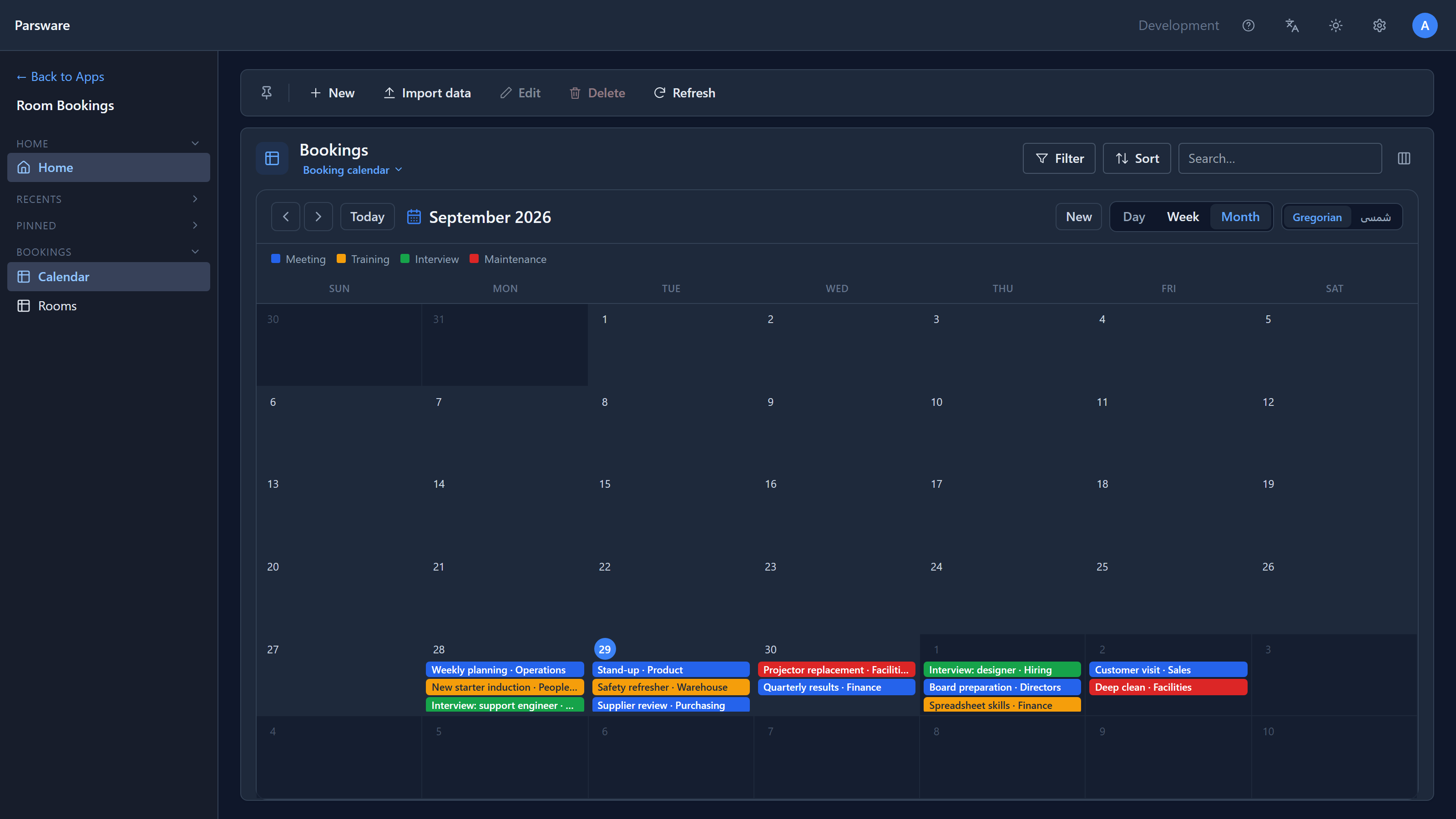 The same bookings on a month sheet for September 2026, with the last week's days holding coloured chips such as Weekly planning · Operations and Projector replacement · Facilities