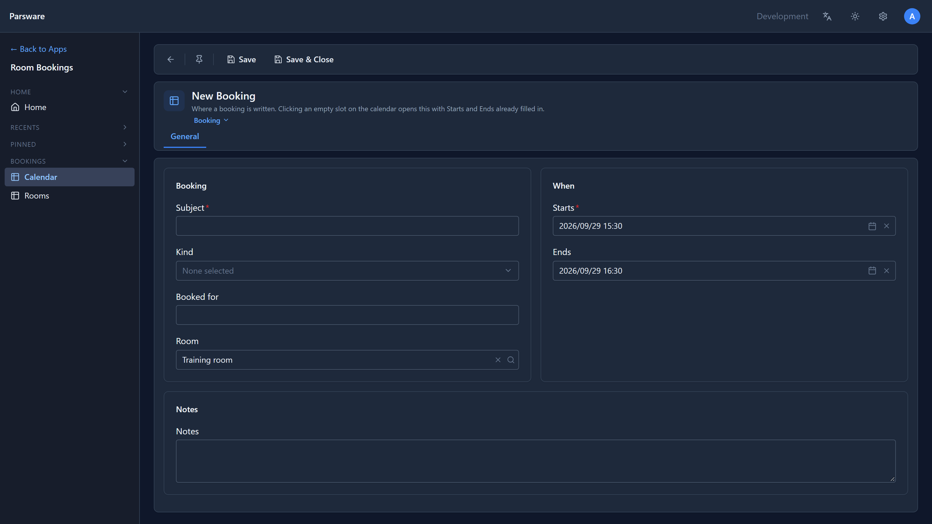 A New Booking form with Room set to Training room, Starts 2026/09/29 15:30 and Ends 2026/09/29 16:30, and Subject and Kind still empty
