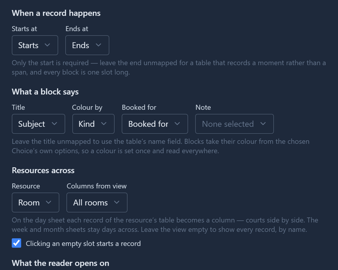 The same panel for Rooms side by side: Resource set to Room, Columns from view set to All rooms, and Clicking an empty slot starts a record ticked